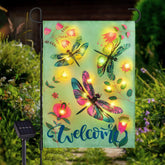 FLAGMESAGE dragonfly LED garden flag lights up your welcome yard at dusk