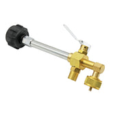 Flame King propane refill adapter angle view shows sturdy 90-degree bend for upright refills.