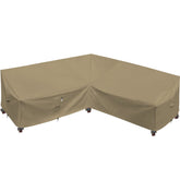 Flexiyard heavy-duty 600D cover on a desert khaki 90x90 V-shaped sofa protects from rain.
