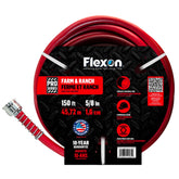 Flexon 58-inch farm-ranch hose in red, coiled neatly for storage and quick access.