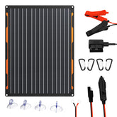 FlexSolar 20W solar panel charger powering a vehicle battery outdoors