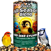 Flockin all-year-round seed cylinder with hole at feeder attracts diverse backyard birds.