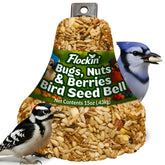 Flockin' bird seed bell closeup highlighting premium ingredients for long-lasting backyard feeding.