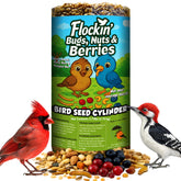 Flockin seed cylinder with hole attracting bluebirds and woodpeckers for steady feeding.