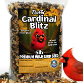 Flockin' Cardinal Seeds bag with premium sunflower focus attracts cardinals and songbirds outdoors.