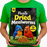 Flockin' dried mealworms in a bag attract backyard birds with high-protein energy.