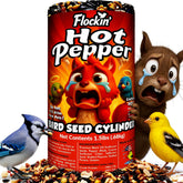 Flockin hot pepper seed cylinder with center hole deters squirrels while feeding songbirds.