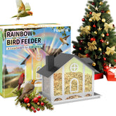 FlowaFoli Bird Feeder House outdoors with rainbow panels attracting diverse songbirds year-round.