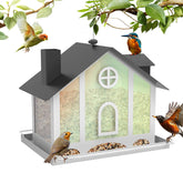 FlowaFoli bird feeder with rainbow panels attracts diverse birds outdoors.