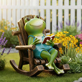 Flytime frog garden decor on a rocking chair, ideal whimsical outdoor charm for patios.