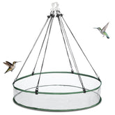 FoldTier bird seed catcher hoop in use, attracting multiple songbirds to a 24-inch feeder.