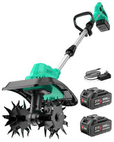 FONXLIT 21V cordless tiller in action loosening soil in tight spaces.