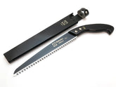 Forest Originals Saboten pruning saw close-up on fluorine-coated blade for smoother pruning and sap reduction.