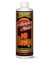 FoxFarm Cultivation Nation pH Down bottle shows citric acid formula for pH control in soil and hydroponics.