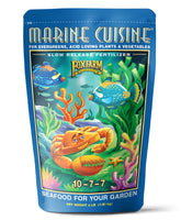 FoxFarm Marine Cuisine packaging close-up highlighting ocean-based ingredients for garden feeding.