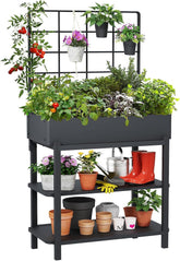 FOYUEE metal raised garden bed with trellis for vertical growth support.