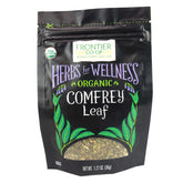 Frontier Co-op comfrey leaf bag front view, dried leaves ideal for soil conditioning.