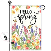 FurniGift Hello Spring flag with tulips and lavender flowers for a welcoming front porch.