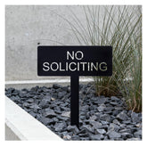 Fynleka No Soliciting sign front view in the yard with clear boundary messaging.