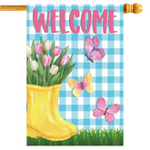 FZMHASLWW spring flag with yellow rain boots and tulips greets guests outdoors.