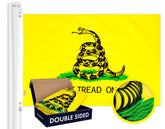 G128 Gadsden flag front view shows double-sided embroidery for clear outdoor display