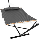Gafete double hammock with stand ready for outdoor lounging and bonding.