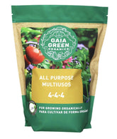 Gaia Green 4-4-4 organic fertilizer bag ready to enrich garden soil and roots.