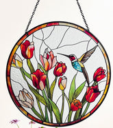 Galag hummingbird and tulips stained-glass suncatcher brightens windows with vivid color.