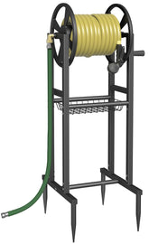 Garbuildman ground mount hose reel shows 125ft capacity and center connector.