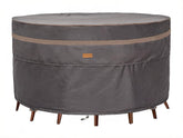 Garden Balsam heavy-duty round-table cover protecting a large table from sun and rain