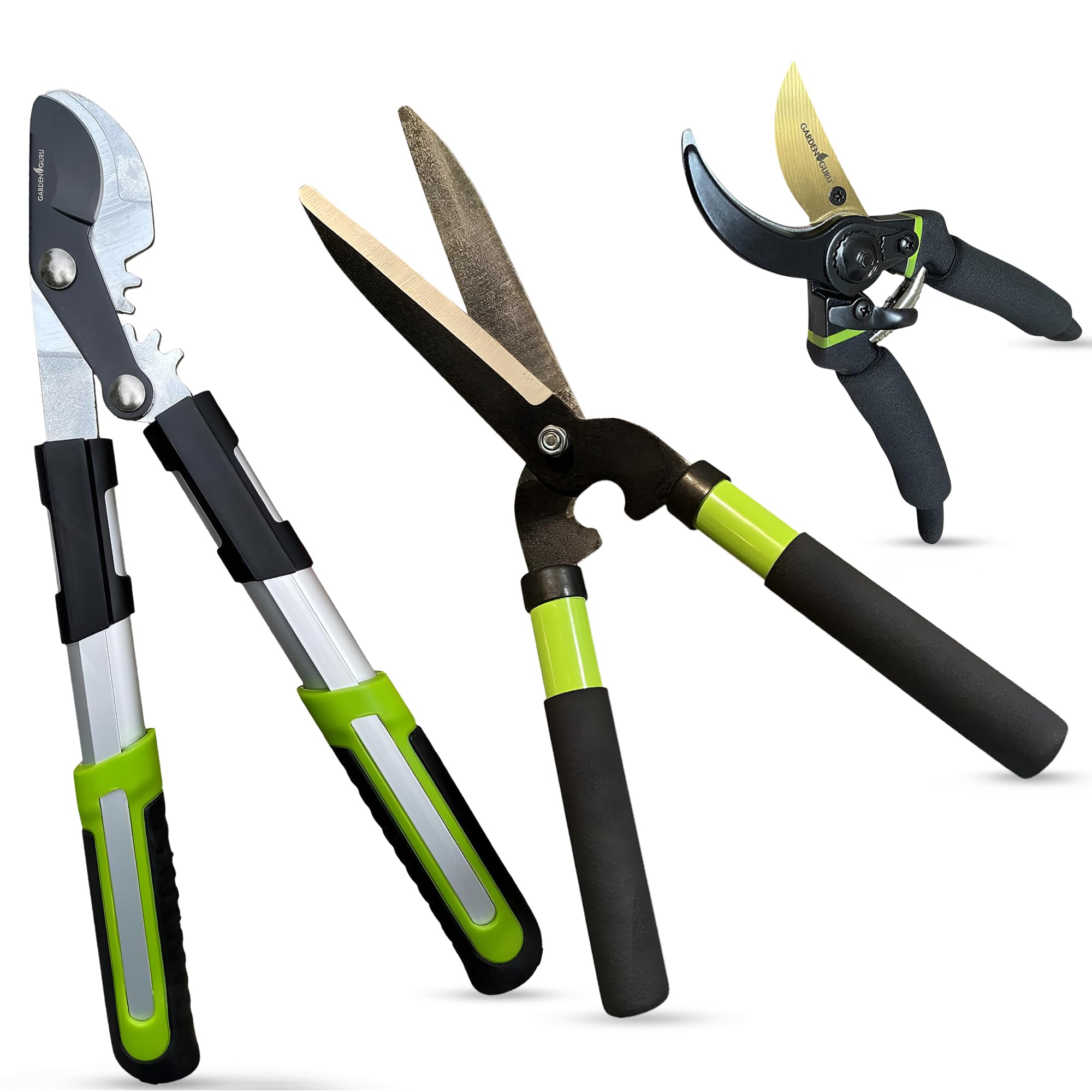 Garden Guru 3-piece trimming tool set for comprehensive hedge and shrub care.