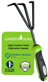 Garden Guru Hand Cultivator with 3 tines for easy soil loosening and weeding.