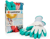 Gardena latex gardening gloves in packaging show durability and easy wear.