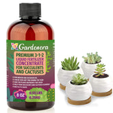 Gardenera 3-1-2 liquid fertilizer bottle boosts succulent growth and vitality.