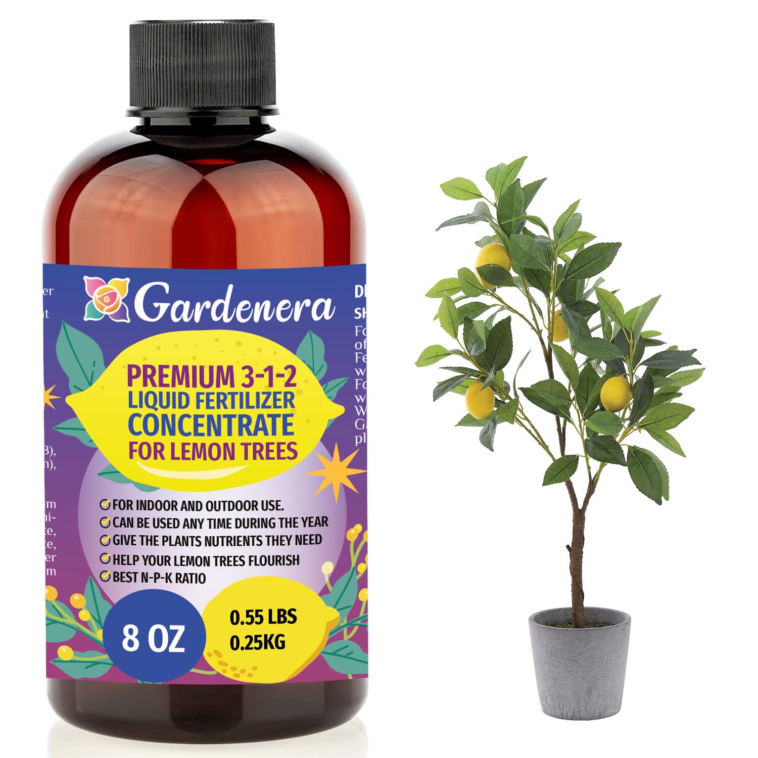 Gardenera 3-1-2 liquid fertilizer bottle boosts lush foliage and fruit.