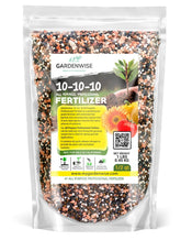 GardenWise 10-10-10 fertilizer bottle showing balanced nutrients for versatile outdoor use.
