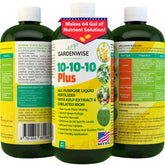 Gardenwise 10-10-10 liquid fertilizer bottle pour supports even application for indoor and outdoor plants.