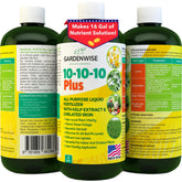GardenWise 10-10-10 liquid fertilizer bottle promotes lush foliage and healthy growth.