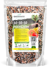 GardenWise 10-10-10 granular fertilizer bag promotes steady outdoor plant nutrition.