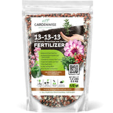 Gardenwise 13-13-13 fertilizer bag provides balanced feeding for lawns, vegetables, and flowering plants.