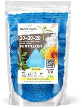 Gardenwise 20-20-20 fertilizer packaging for powder helps ready-to-use plant feeding.