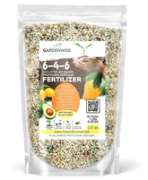 Gardenwise 6-4-6 avocado citrus fertilizer bottle pouring for quick tree nourishment