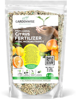 GARDENWISE citrus fertilizer bottle close-up for lush fruiting.
