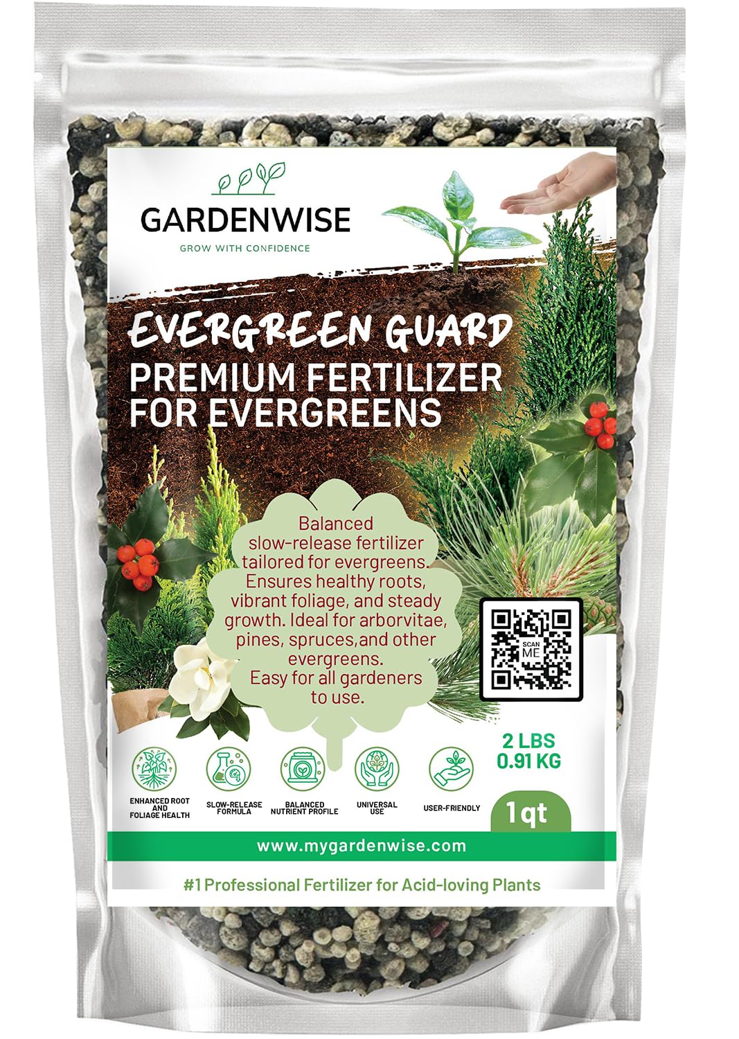GardenWise Evergreen Fertilizer granules in bag for slow-release feeding of evergreen shrubs.