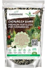 GardenWise Evergreen Fertilizer granules in bag for slow-release feeding of evergreen shrubs.