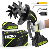 Gardtech 21V cordless tiller with battery pack for quick soil prep.