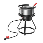Gas One 10qt pot with strainer basket for even deep frying outdoors.