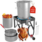 Gas One turkey fryer set with 30qt and 10qt pots for efficient outdoor cooking.
