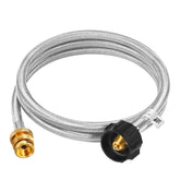 GasSaf 6ft propane adapter hose with stainless braid showing secure connection for 1lb to 20lb tanks