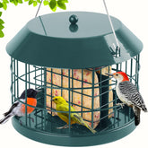 Gbekery caged suet bird feeder outdoors in green attracts small birds while keeping larger visitors away
